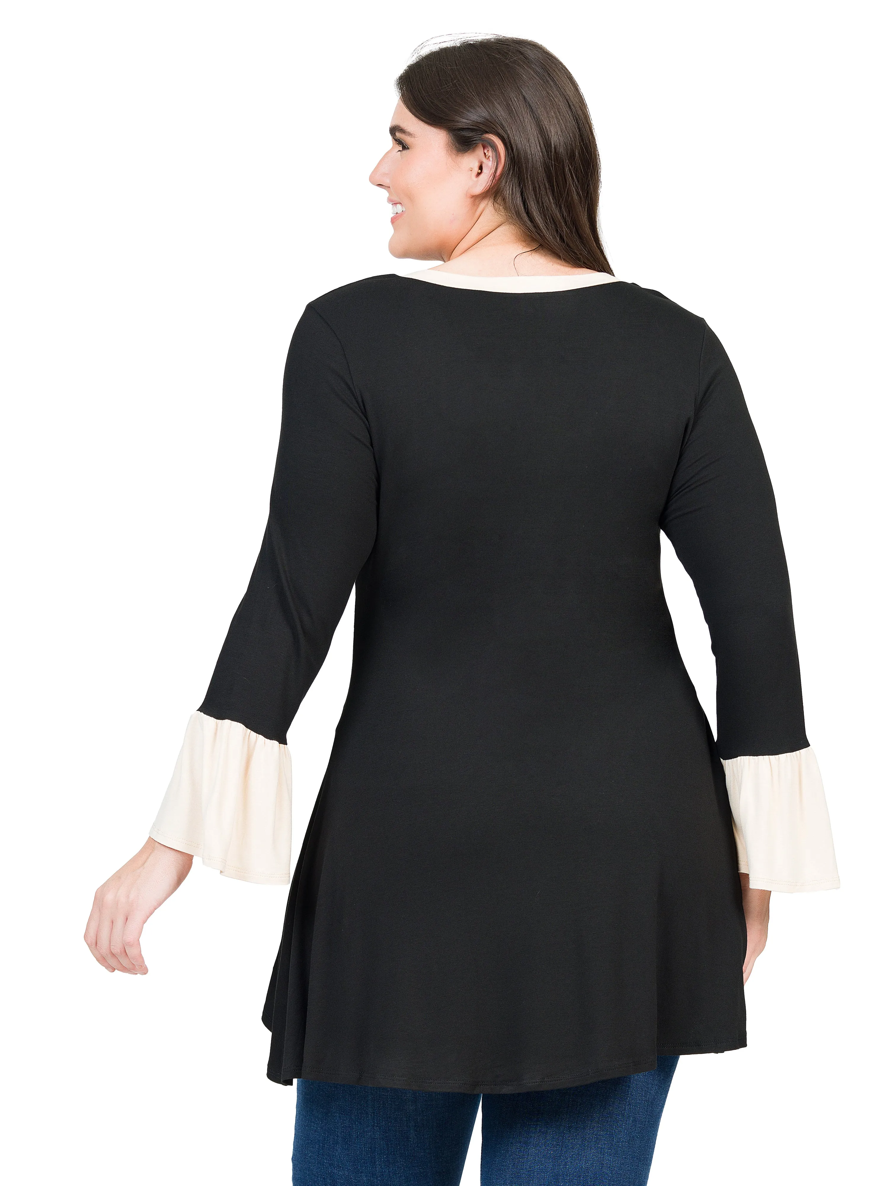 Black and Beige Bell Sleeve Hi Low Plus Size Tunic Top