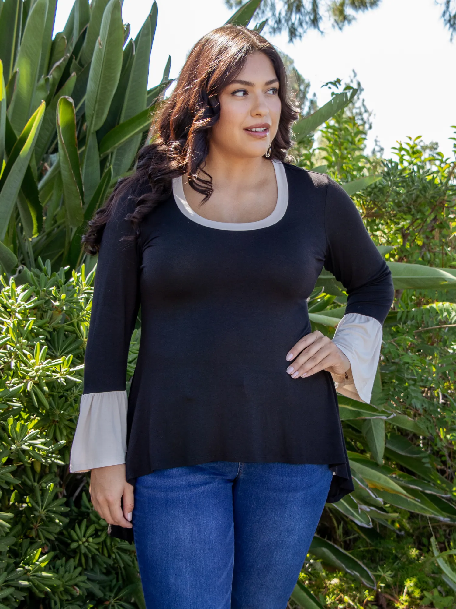 Black and Beige Bell Sleeve Hi Low Plus Size Tunic Top