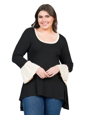 Black and Beige Bell Sleeve Hi Low Plus Size Tunic Top