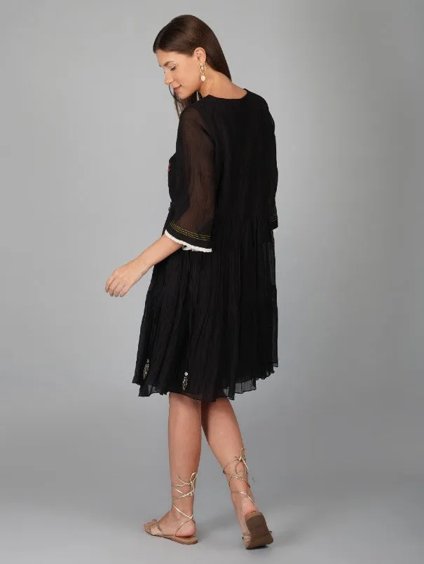 Black Applique Yoke Chanderi Tiered Dress (Set of 2)