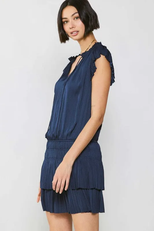 Dark Navy Mini Dress With Pleated Skirt