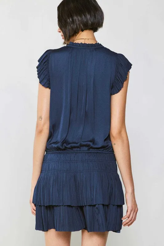 Dark Navy Mini Dress With Pleated Skirt