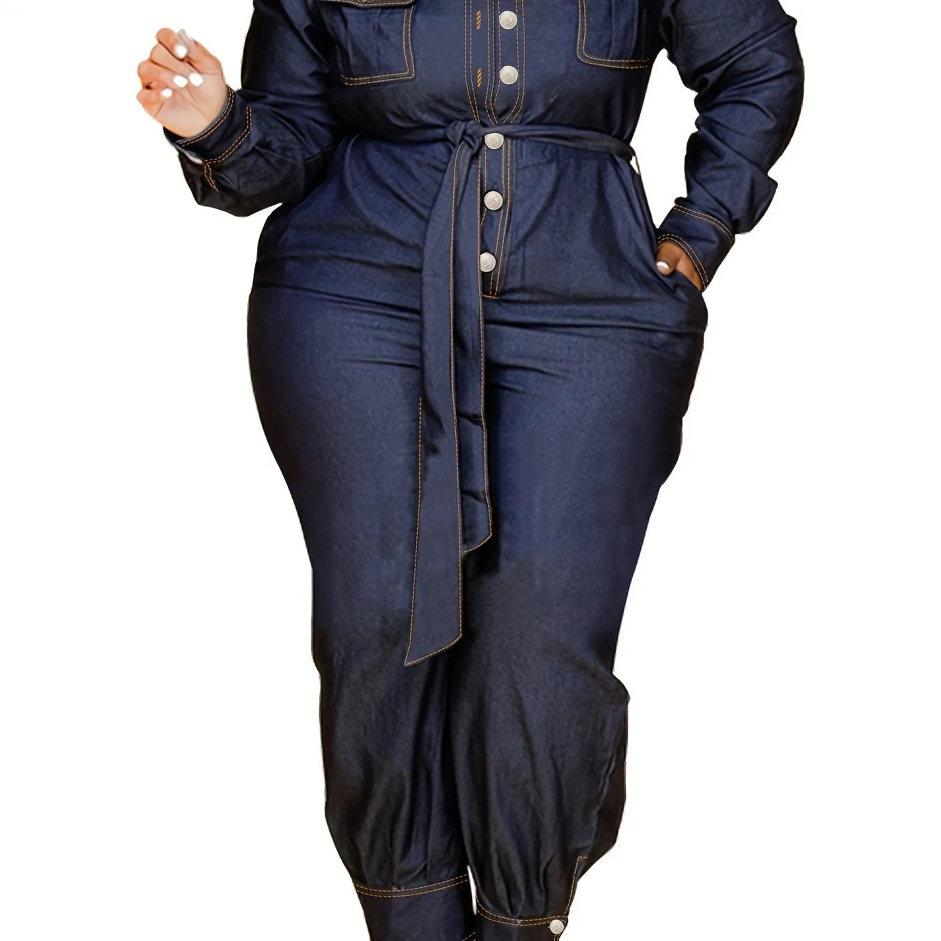 Effortless Elegance Women's Plus Denim Style Belted Jumpsuit with Lapel Collar