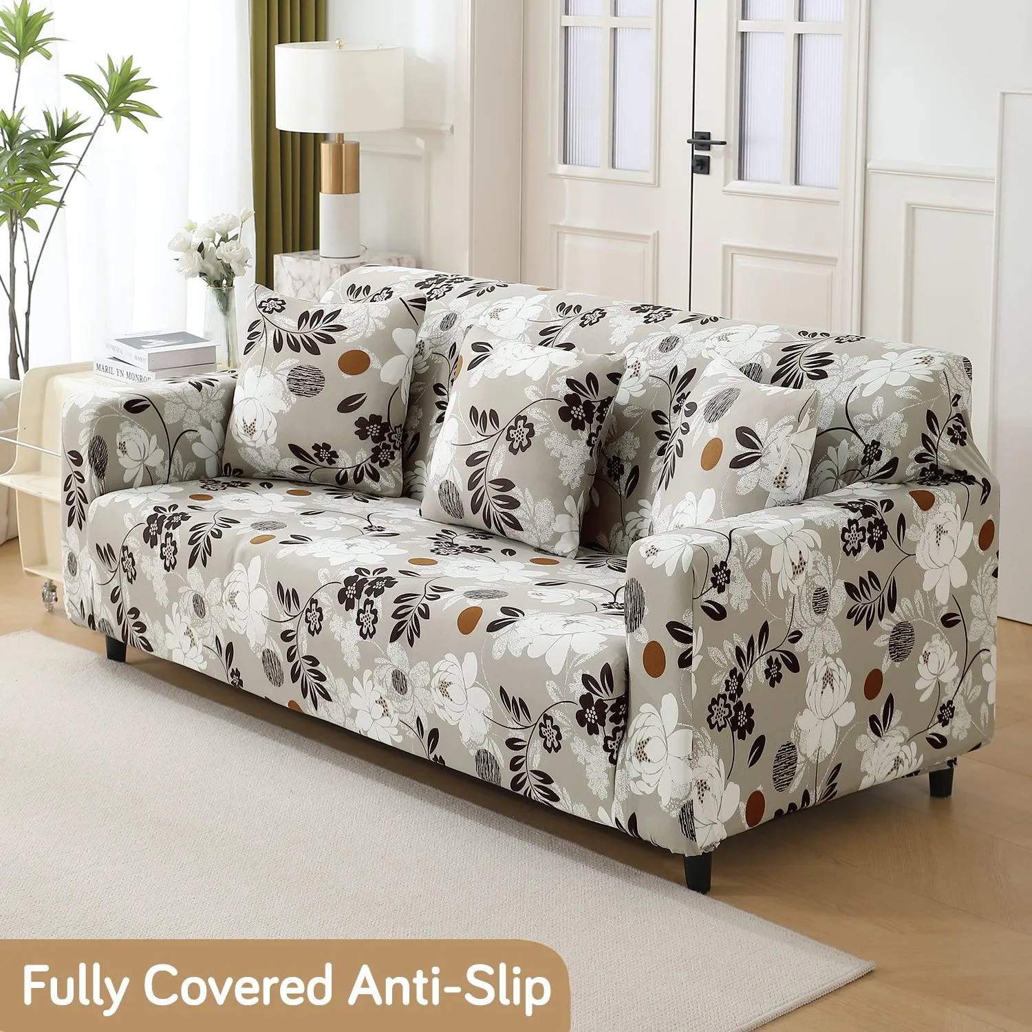 HOKIPO 140 GSM Stretchable Seater Sofa Cover, Feather Brown Floral