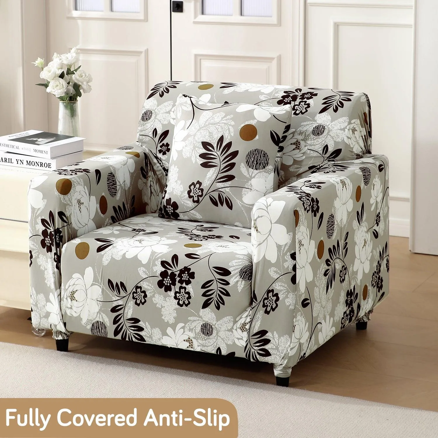 HOKIPO 140 GSM Stretchable Seater Sofa Cover, Feather Brown Floral