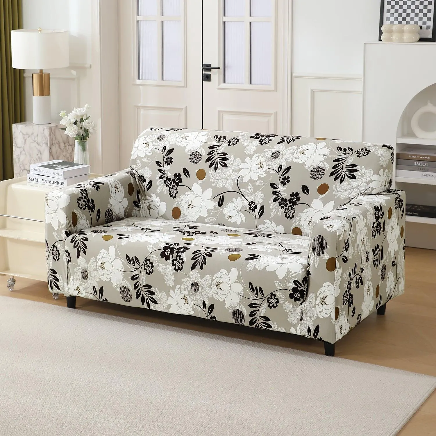 HOKIPO 140 GSM Stretchable Seater Sofa Cover, Feather Brown Floral