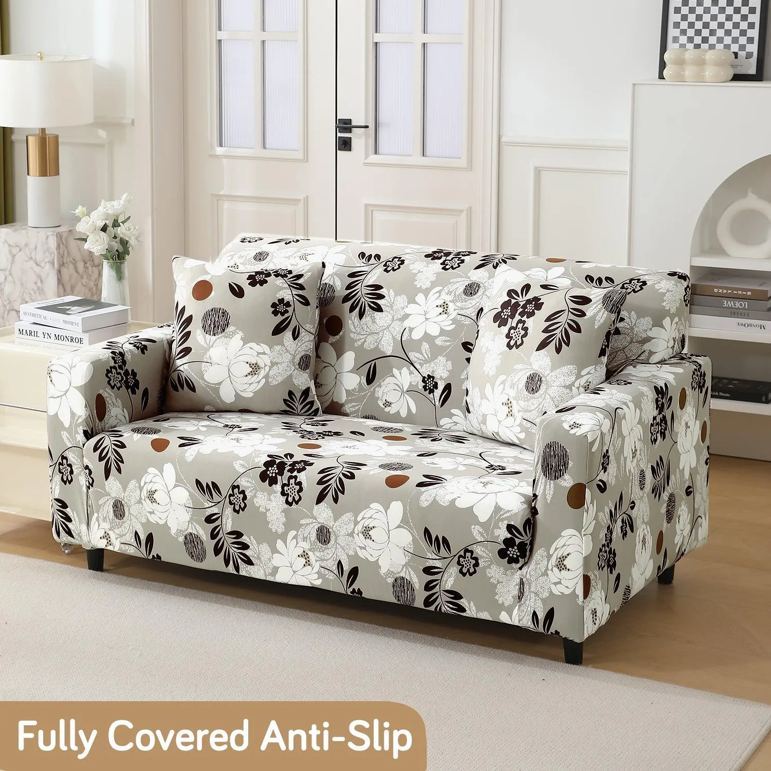 HOKIPO 140 GSM Stretchable Seater Sofa Cover, Feather Brown Floral