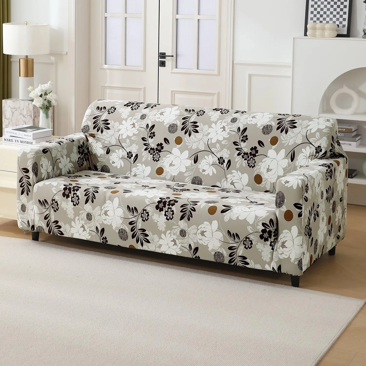 HOKIPO 140 GSM Stretchable Seater Sofa Cover, Feather Brown Floral