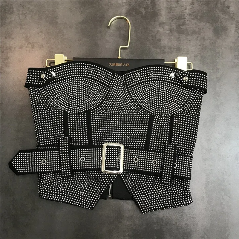 Purpdrank - Sleeveless Strapless Rhinestone Diamonds Black Slim Tank Top Vest Short Bodycon Skirt Belt Two Piece Set Outfits