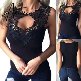 Sexy Solid Color Hollow Out Patchwork Lace Sleeveless Bodycon Vest Women Top New Chic Vintage