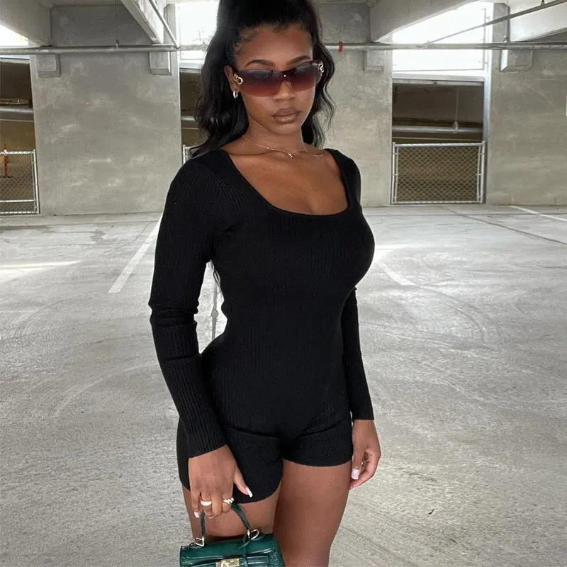 Solid Ribbed Long Sleeve Playsuit Skinny Bodycon tutina donna