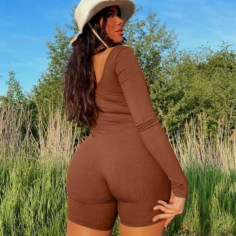 Solid Ribbed Long Sleeve Playsuit Skinny Bodycon tutina donna