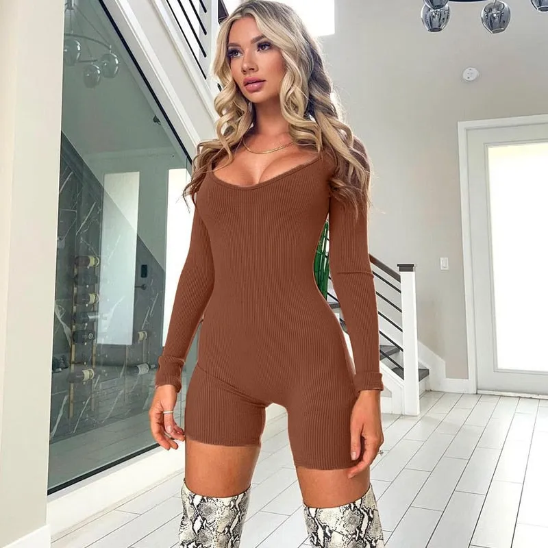 Solid Ribbed Long Sleeve Playsuit Skinny Bodycon tutina donna