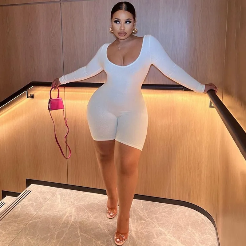 Solid Ribbed Long Sleeve Playsuit Skinny Bodycon tutina donna