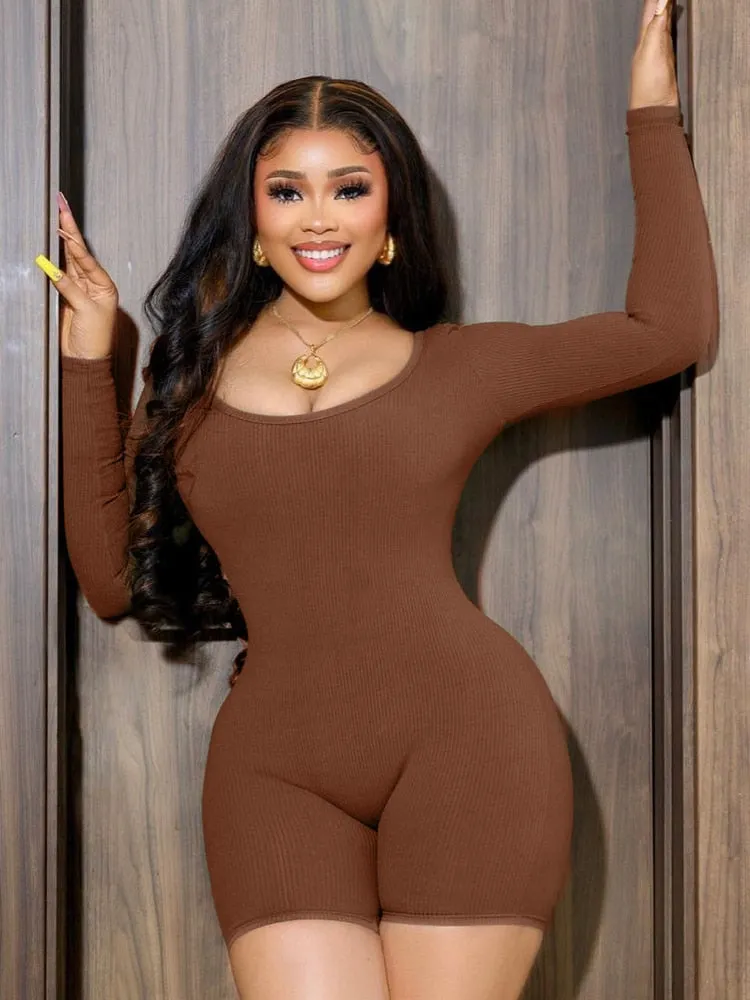 Solid Ribbed Long Sleeve Playsuit Skinny Bodycon tutina donna