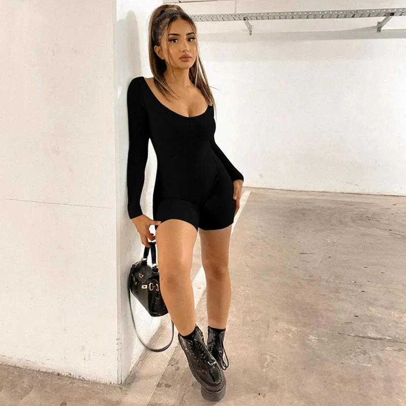 Solid Ribbed Long Sleeve Playsuit Skinny Bodycon tutina donna