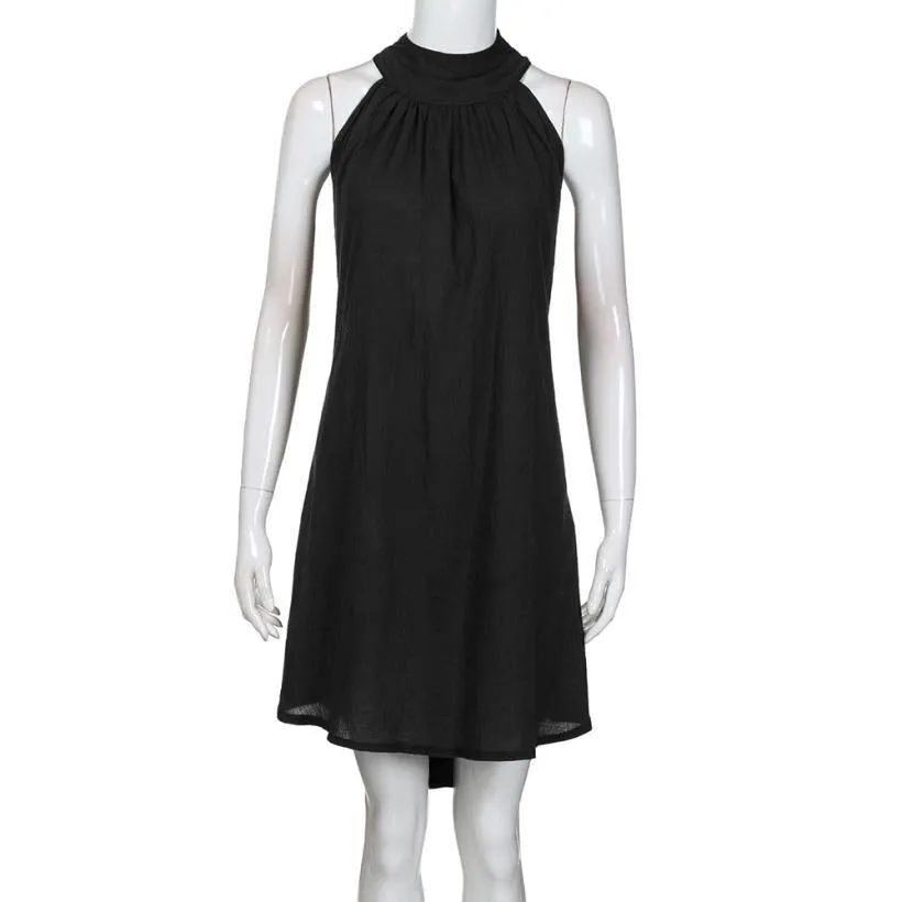 Summer women's popular round neck pleated cotton linen vest dress