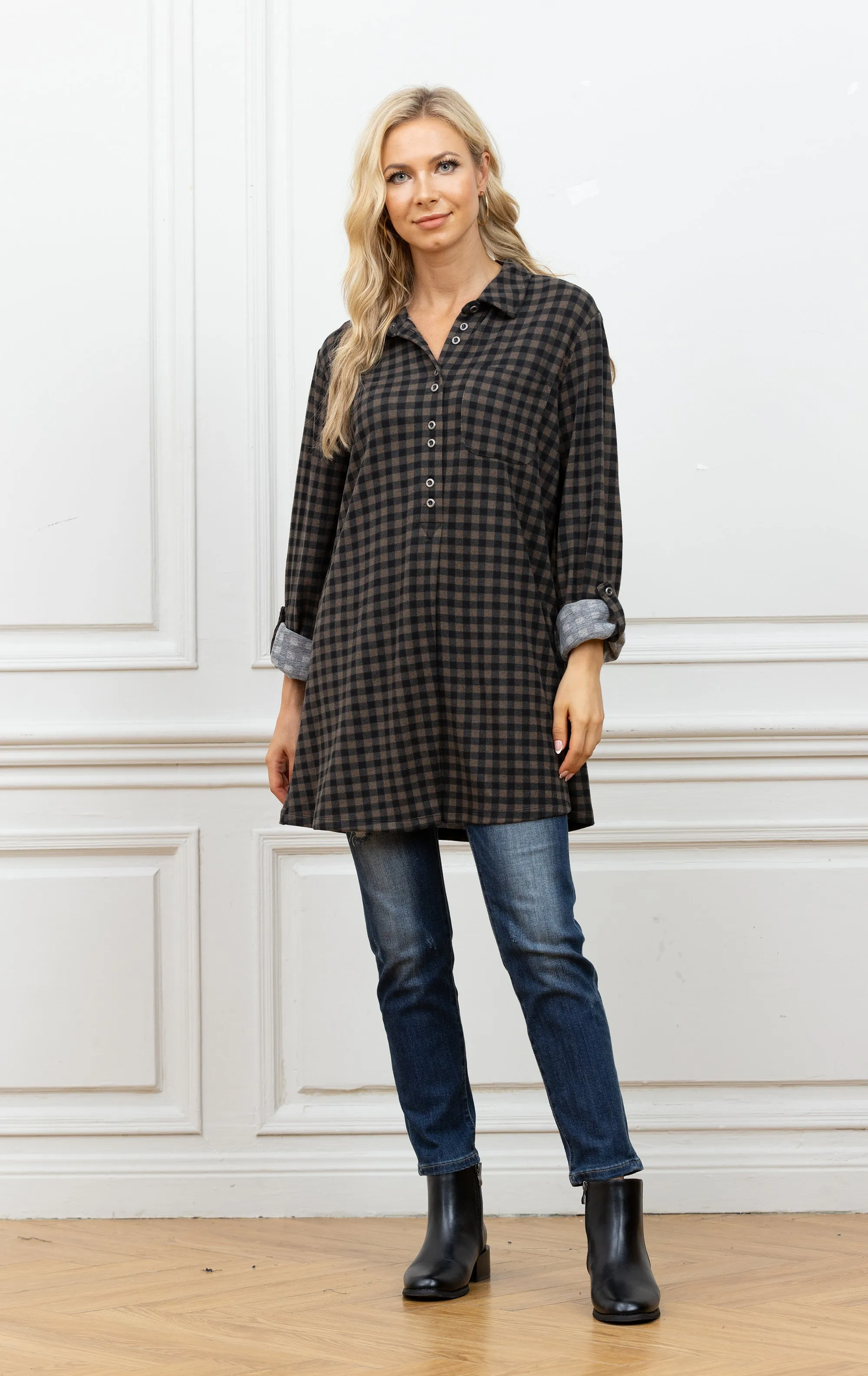 Tamra's 3/4 Button Down Plaid Tunic Top