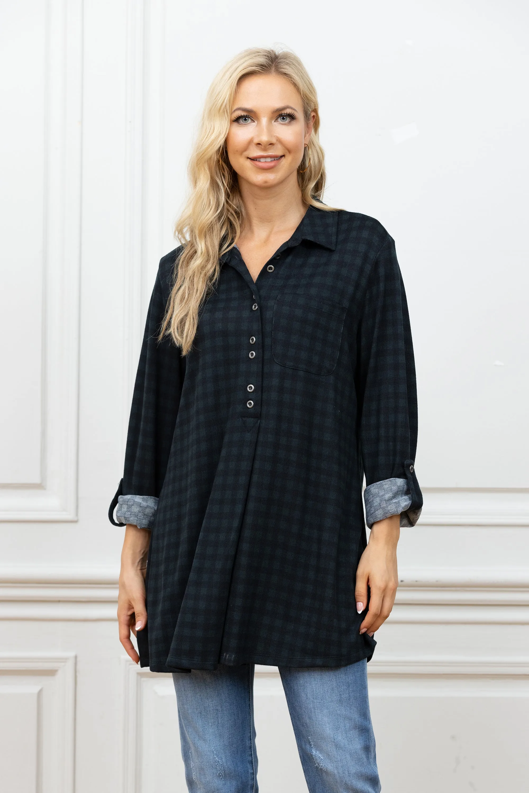 Tamra's 3/4 Button Down Plaid Tunic Top