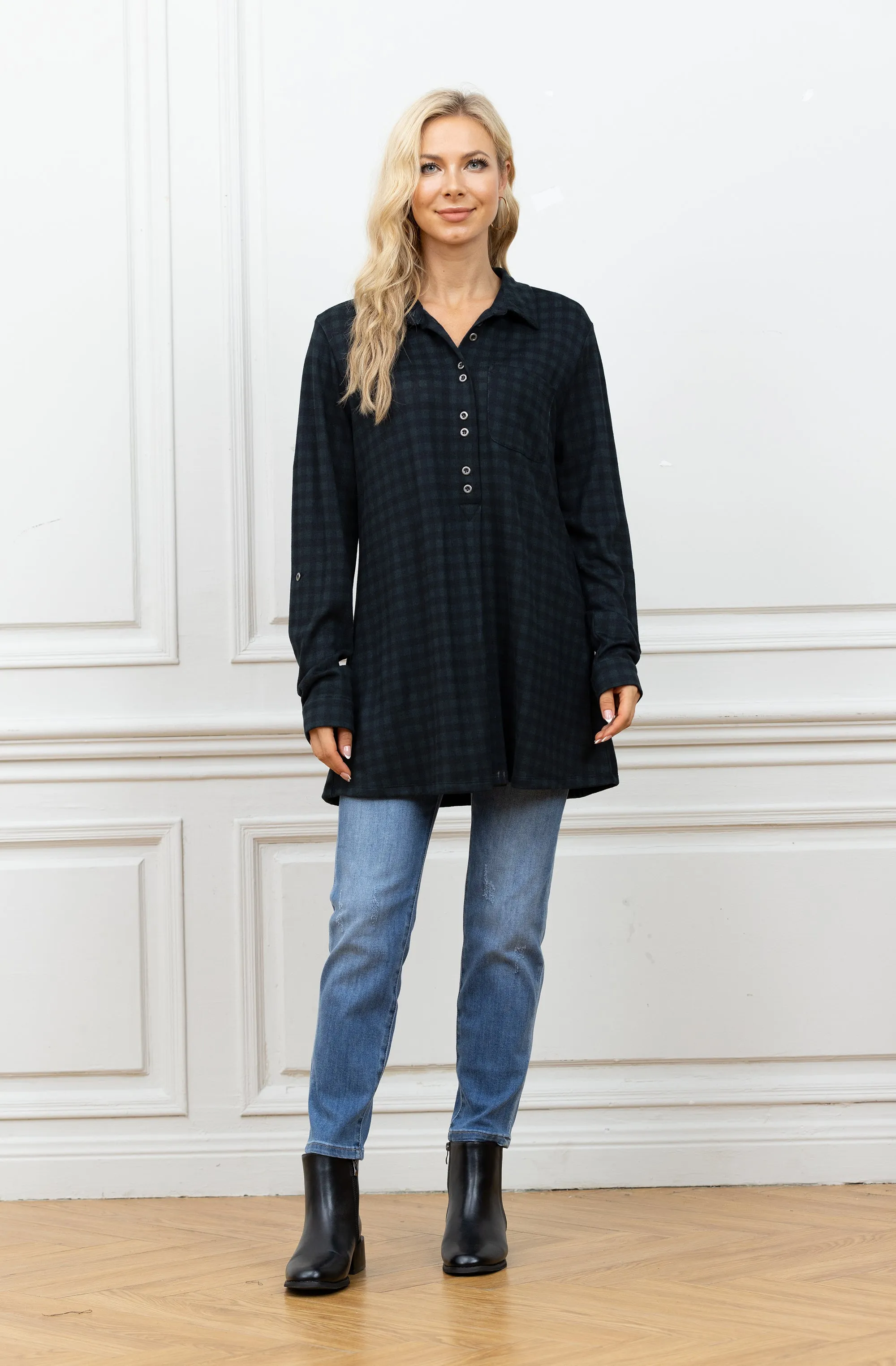 Tamra's 3/4 Button Down Plaid Tunic Top