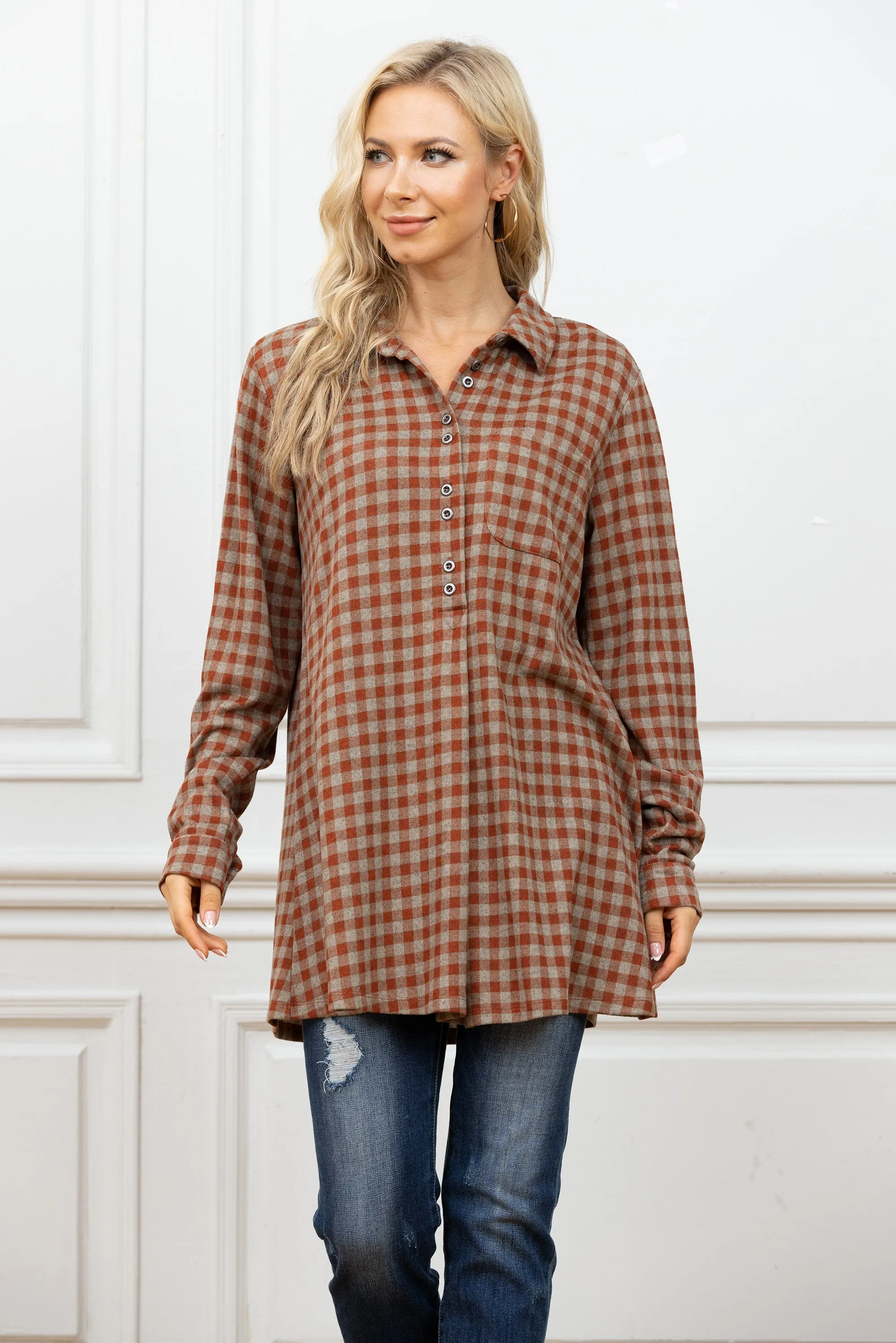 Tamra's 3/4 Button Down Plaid Tunic Top