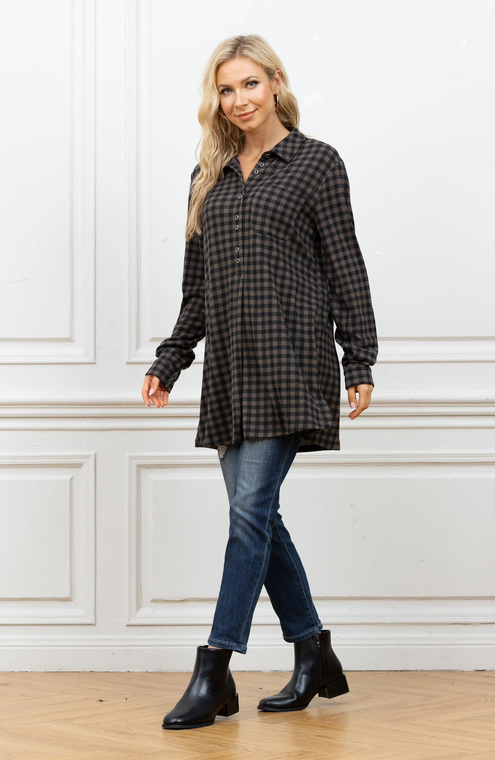Tamra's 3/4 Button Down Plaid Tunic Top