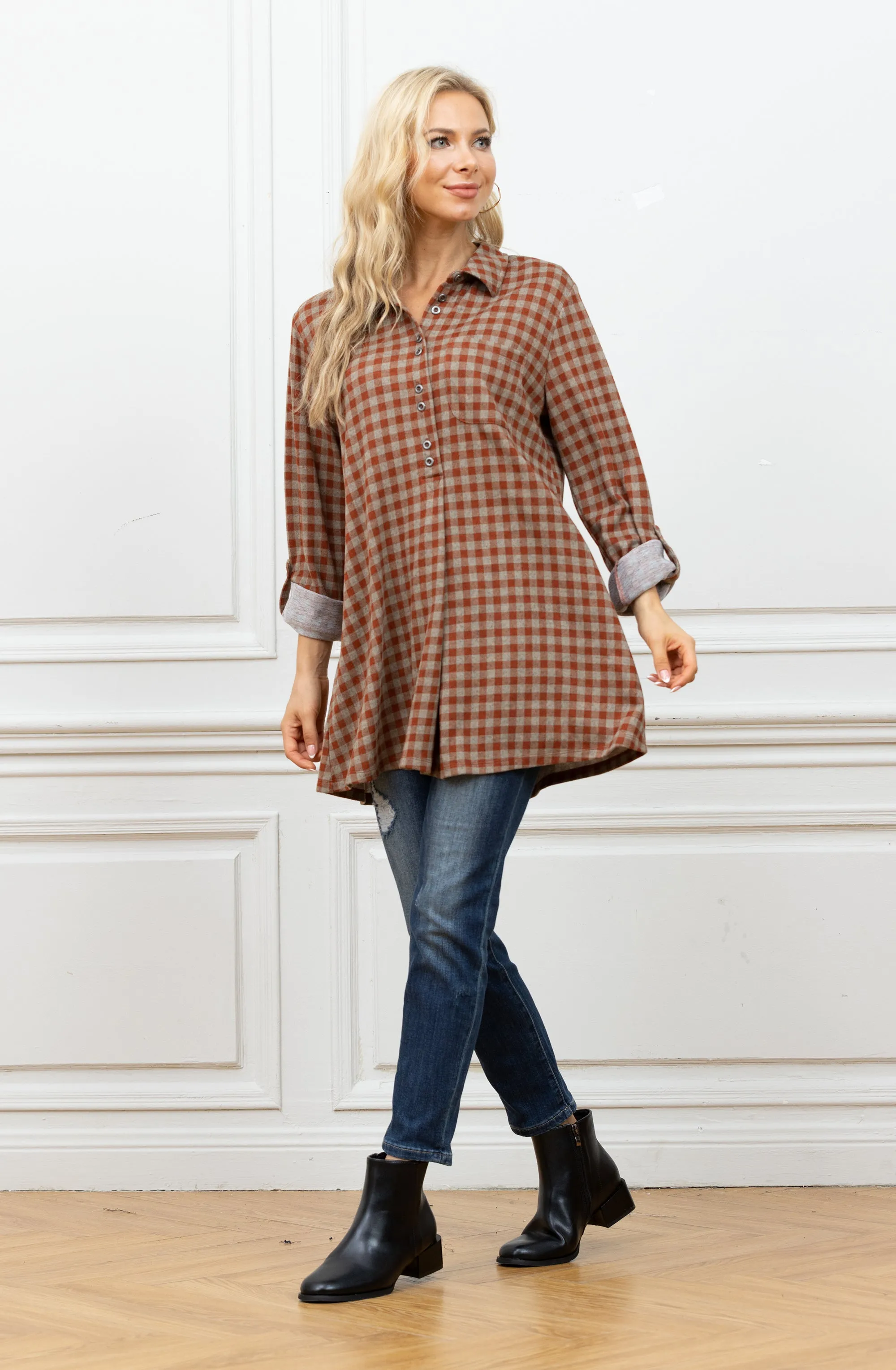 Tamra's 3/4 Button Down Plaid Tunic Top