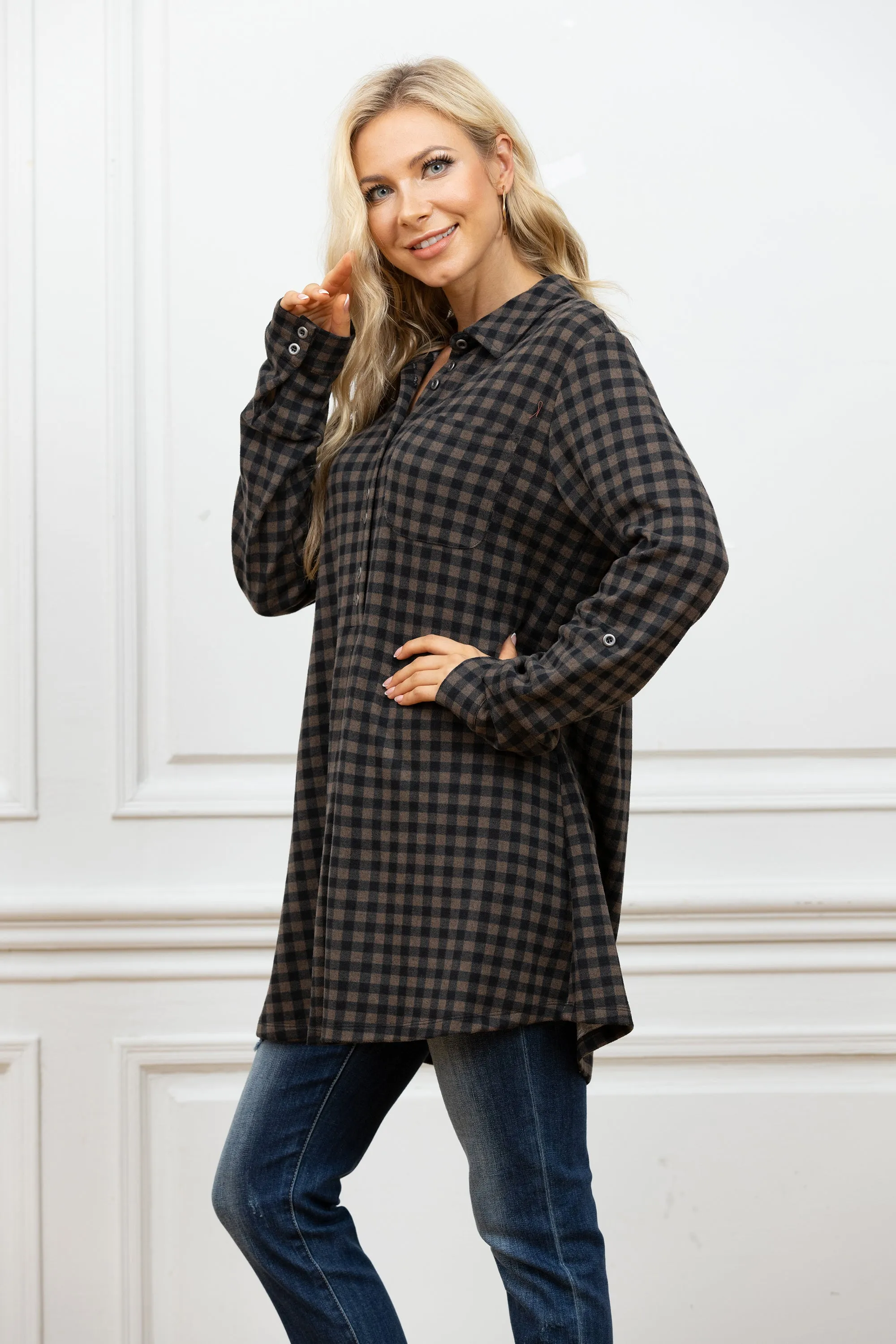 Tamra's 3/4 Button Down Plaid Tunic Top