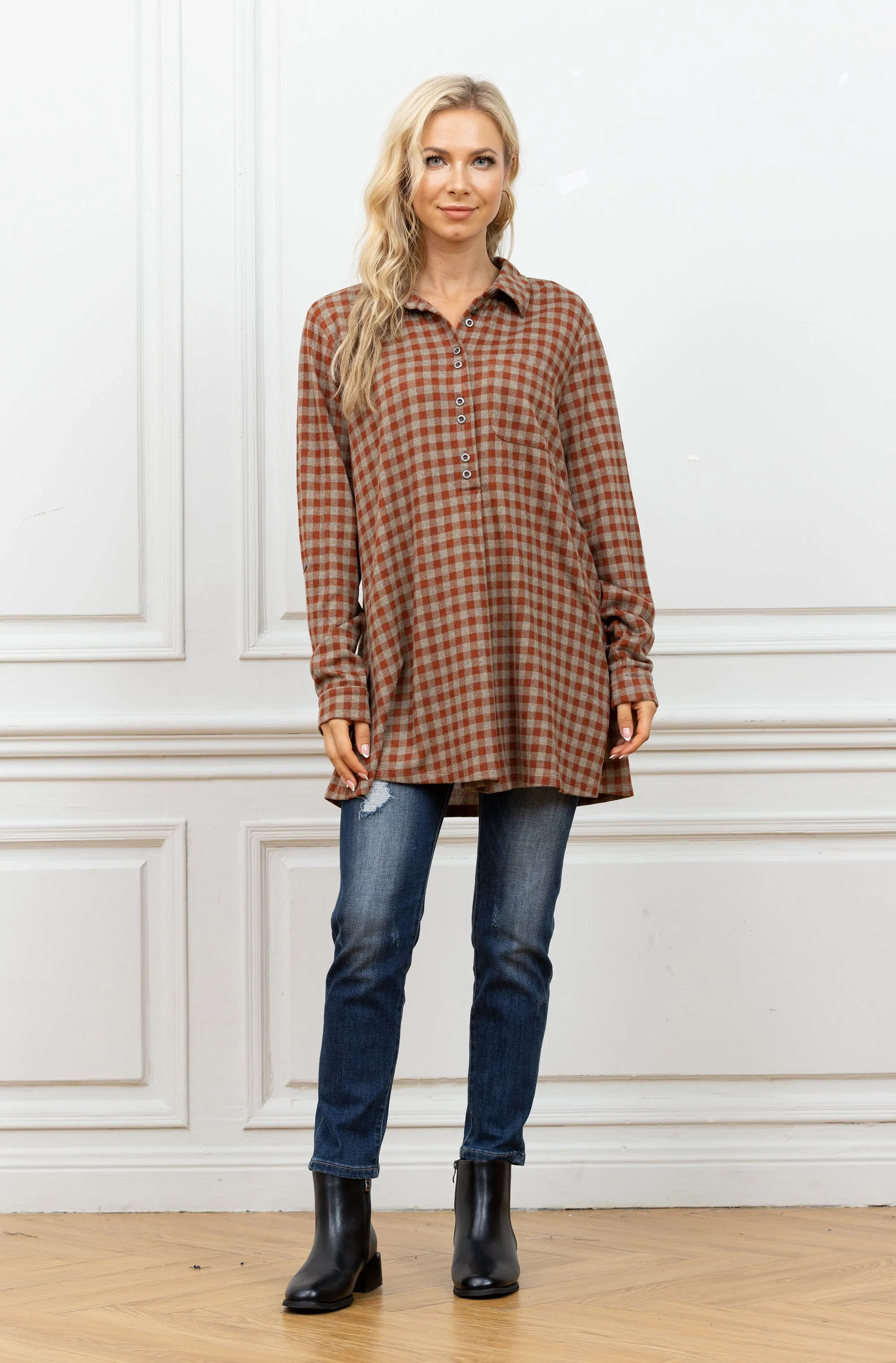 Tamra's 3/4 Button Down Plaid Tunic Top