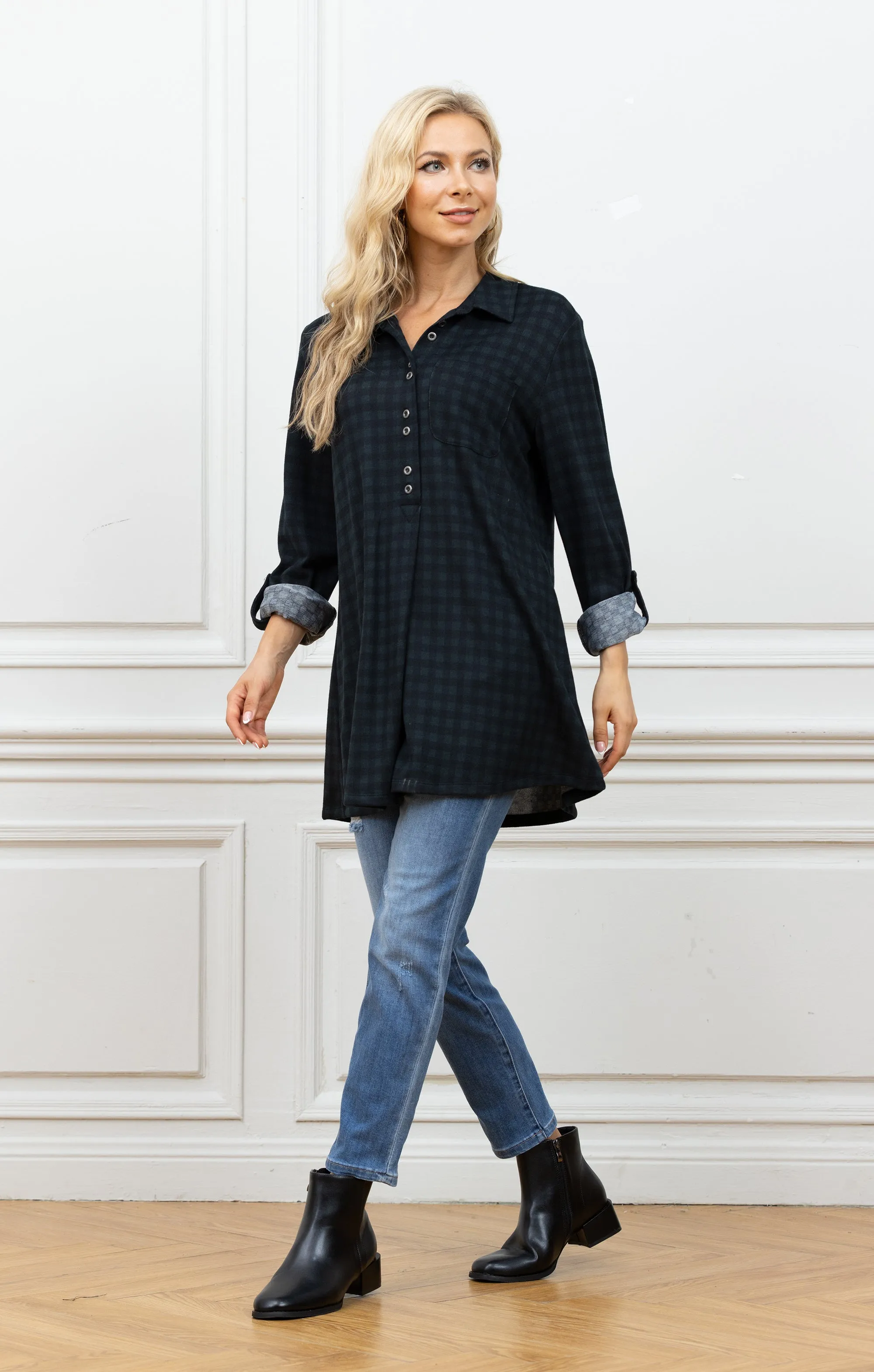Tamra's 3/4 Button Down Plaid Tunic Top