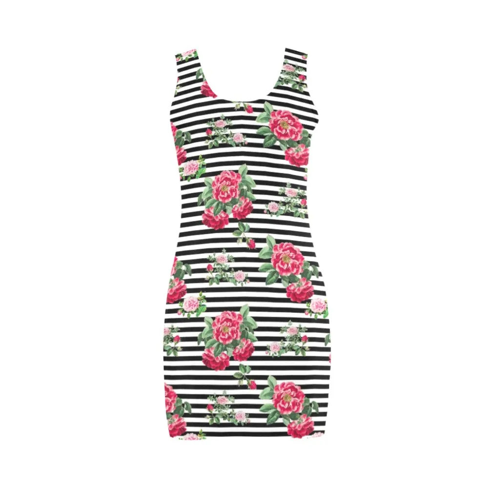thin bw stripes roses red print 2 Medea Vest Dress (Model D06)