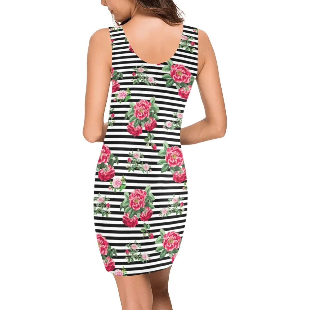 thin bw stripes roses red print 2 Medea Vest Dress (Model D06)