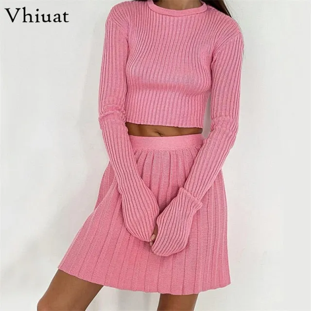 Trendy Winter Knitted Pleated Crop Top And Skirt Set