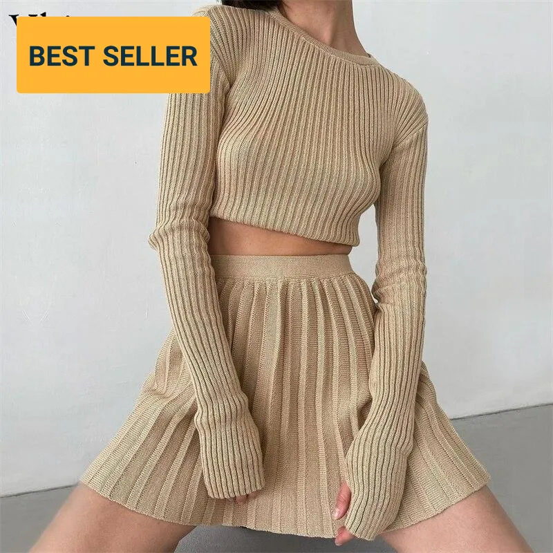 Trendy Winter Knitted Pleated Crop Top And Skirt Set