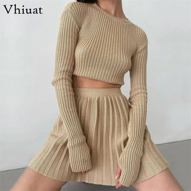 Trendy Winter Knitted Pleated Crop Top And Skirt Set