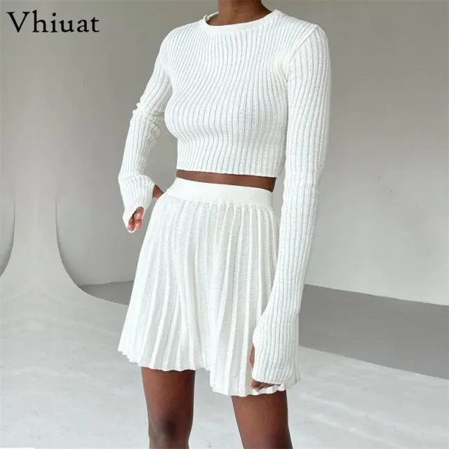 Trendy Winter Knitted Pleated Crop Top And Skirt Set