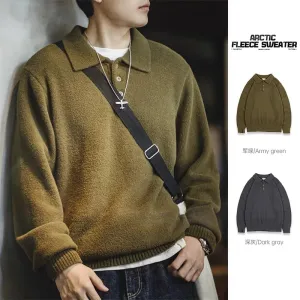 Vintage Arctic Feece Polo Sweater Army Green Knit Pullover Men's Solid Color
