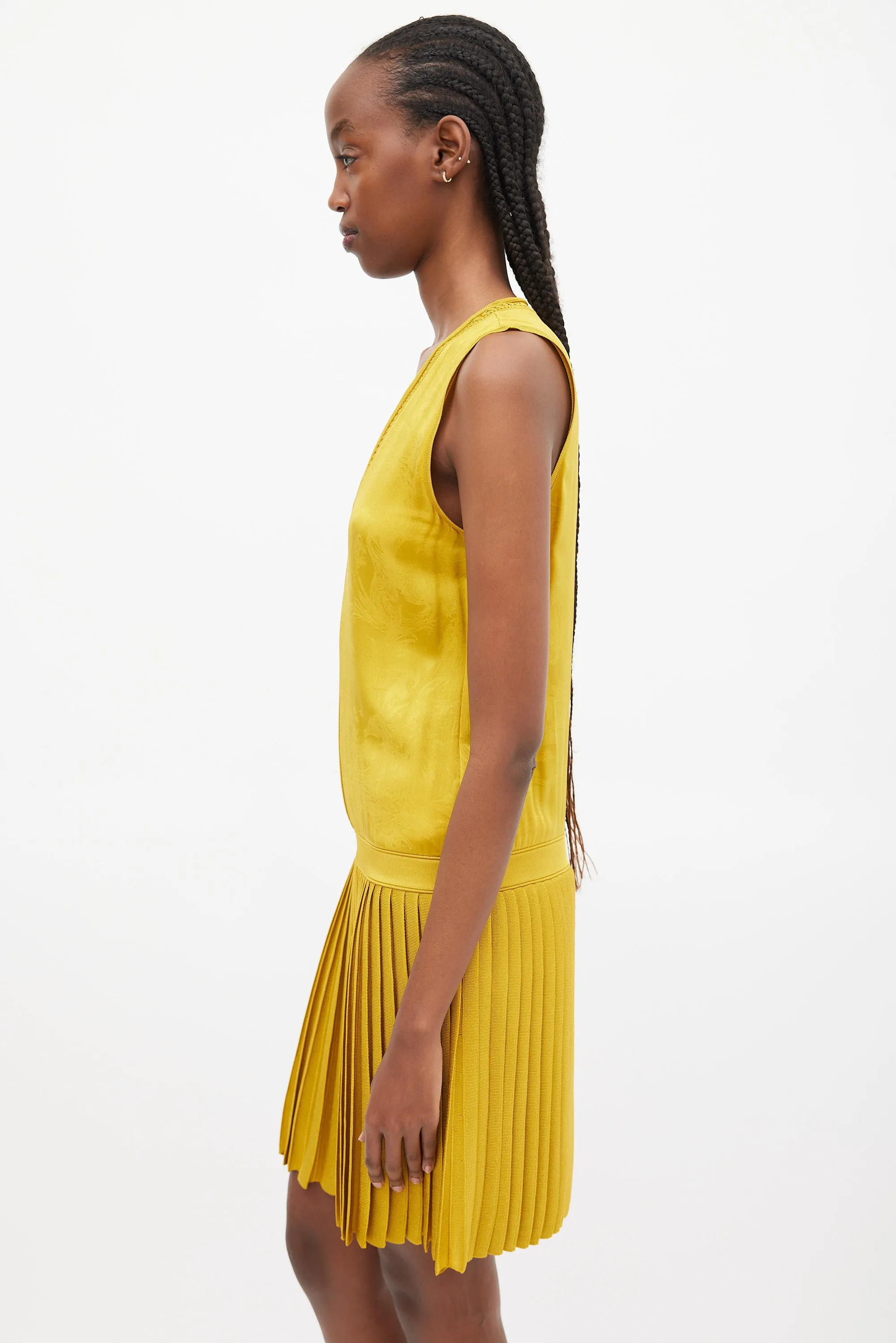 Yellow Jacquared Pleated Drop Waist Dress