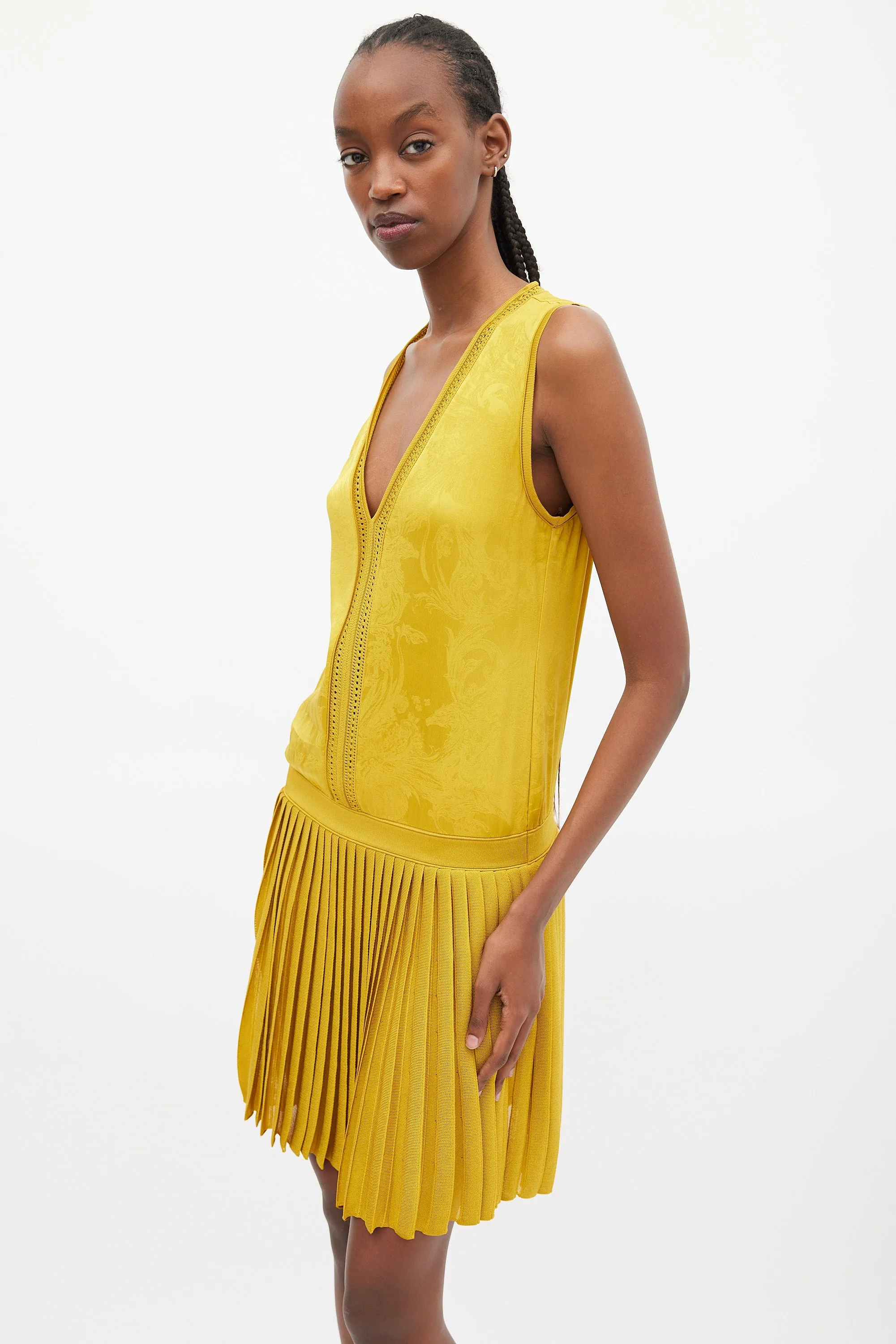 Yellow Jacquared Pleated Drop Waist Dress