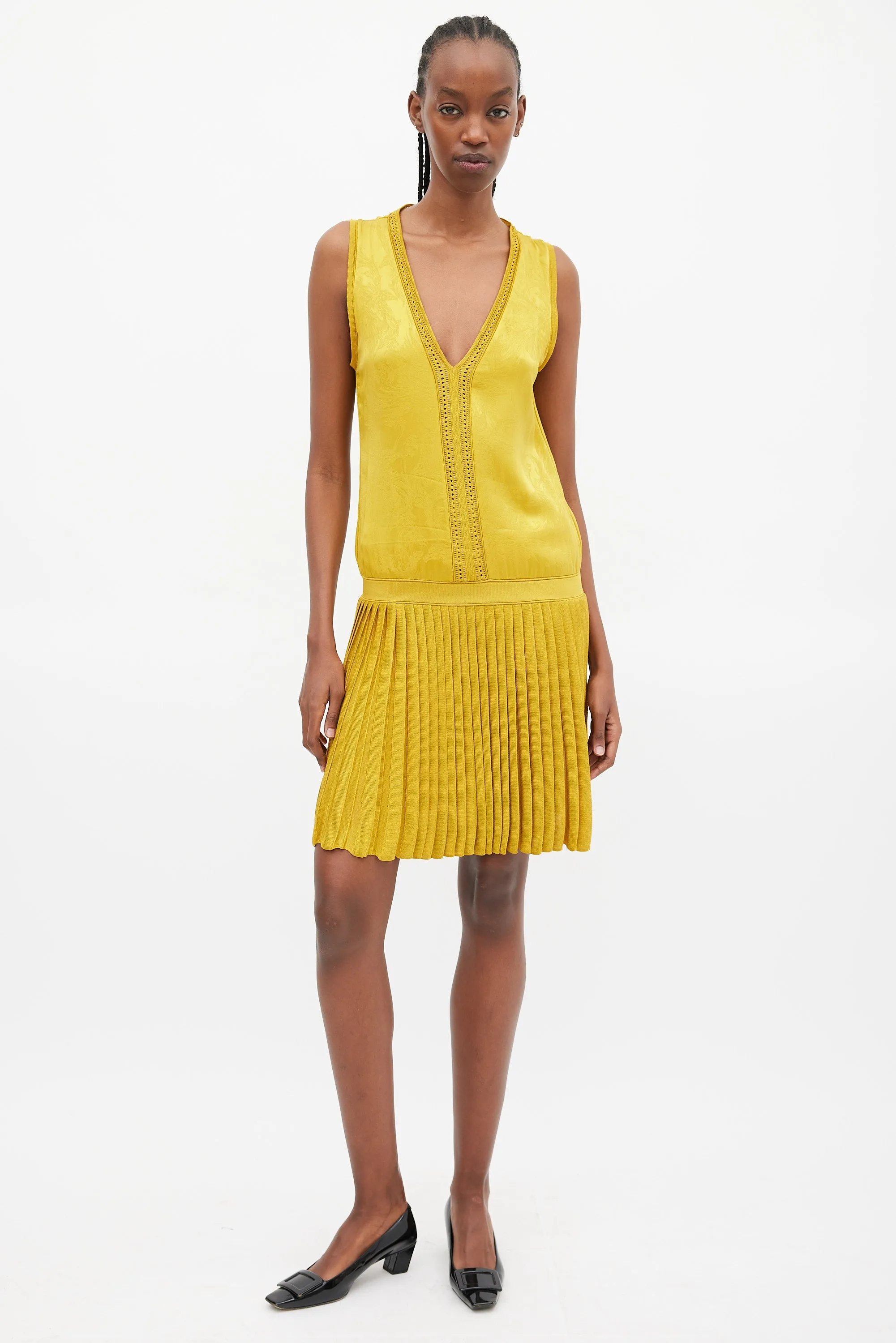 Yellow Jacquared Pleated Drop Waist Dress