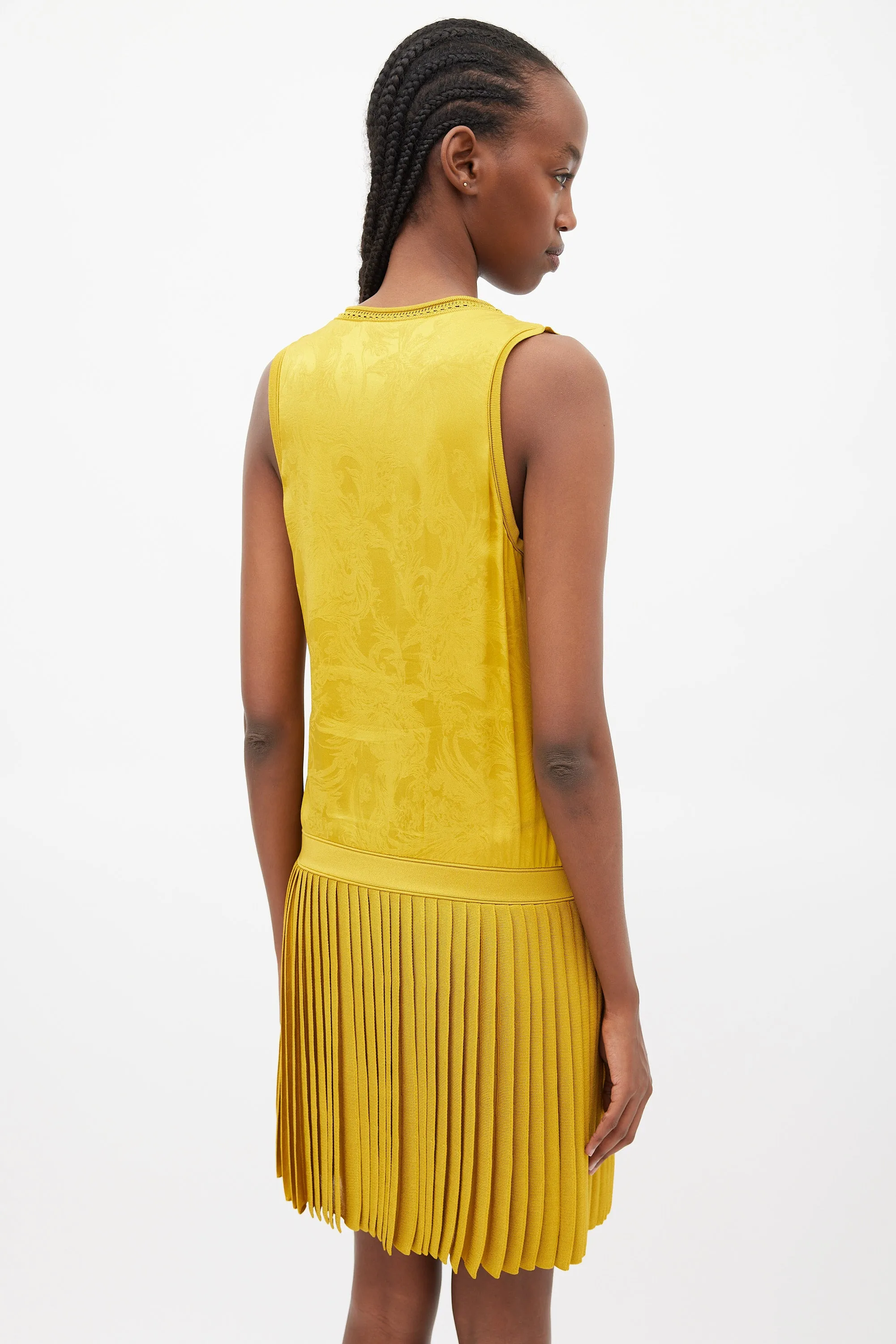 Yellow Jacquared Pleated Drop Waist Dress