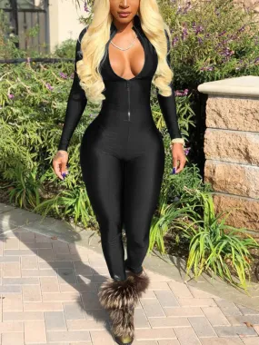 Zipper V-neck Bodycon Jumpsuit